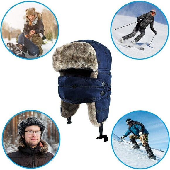 Men\'s Navy Blue Trapper Hat, Winter Warm Trooper Hats with Ear Flaps and Mask